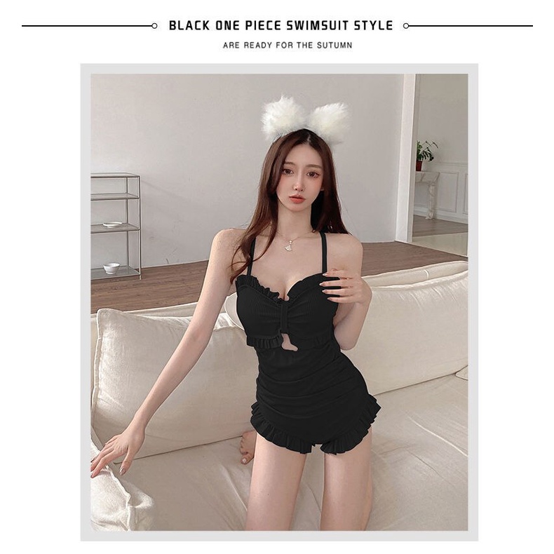 [BIKINI NHẬP LOẠI 1] Bikini nữ đi biển liền mảnh cúp nơ dìm bèo màu đen thun gân Hàn Quốc