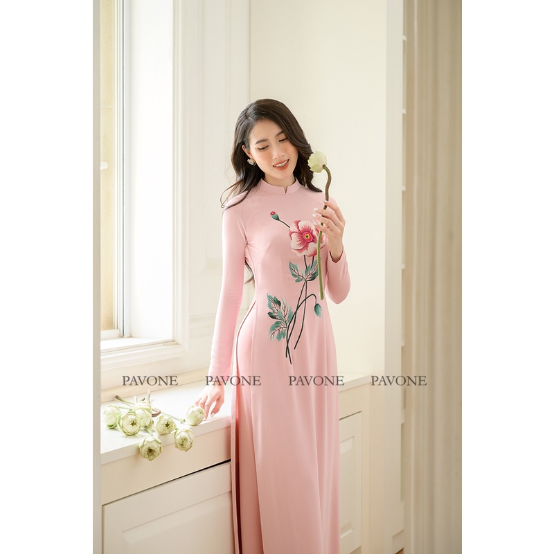 ÁO DÀI HỒNG ĐỖ THÊU HOA PEONY A84-PAVONE