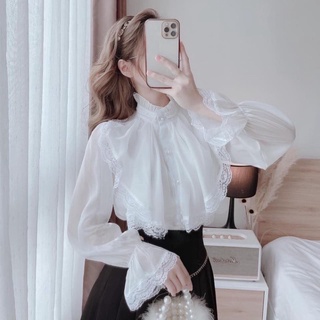 Áo sơ mi kiểu màu trắng nữ cổ bèo phối ren 2 lớp bánh bèo sang chảnh
