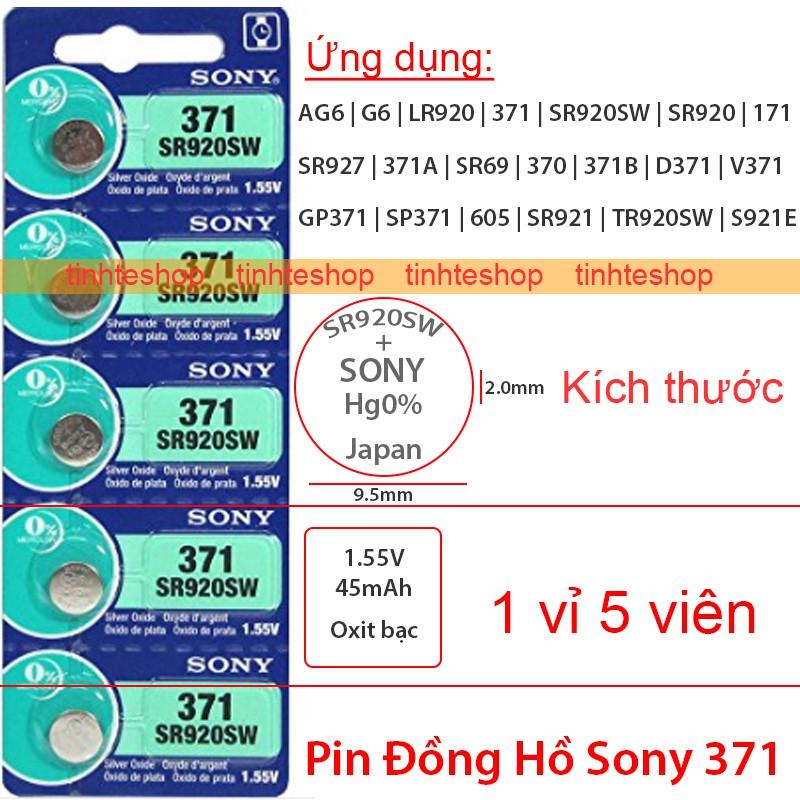 PIN 371 371A SP371 370 D370 GP71 171 LR920 LR920W SR920 SR920SW SR921 Sony 1.55V-45mAh Oxit bạc (1 vỉ 5 viên)