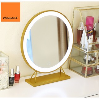 Gương trang điểm đèn LED dáng tròn viền kim loại chân đế GLE111