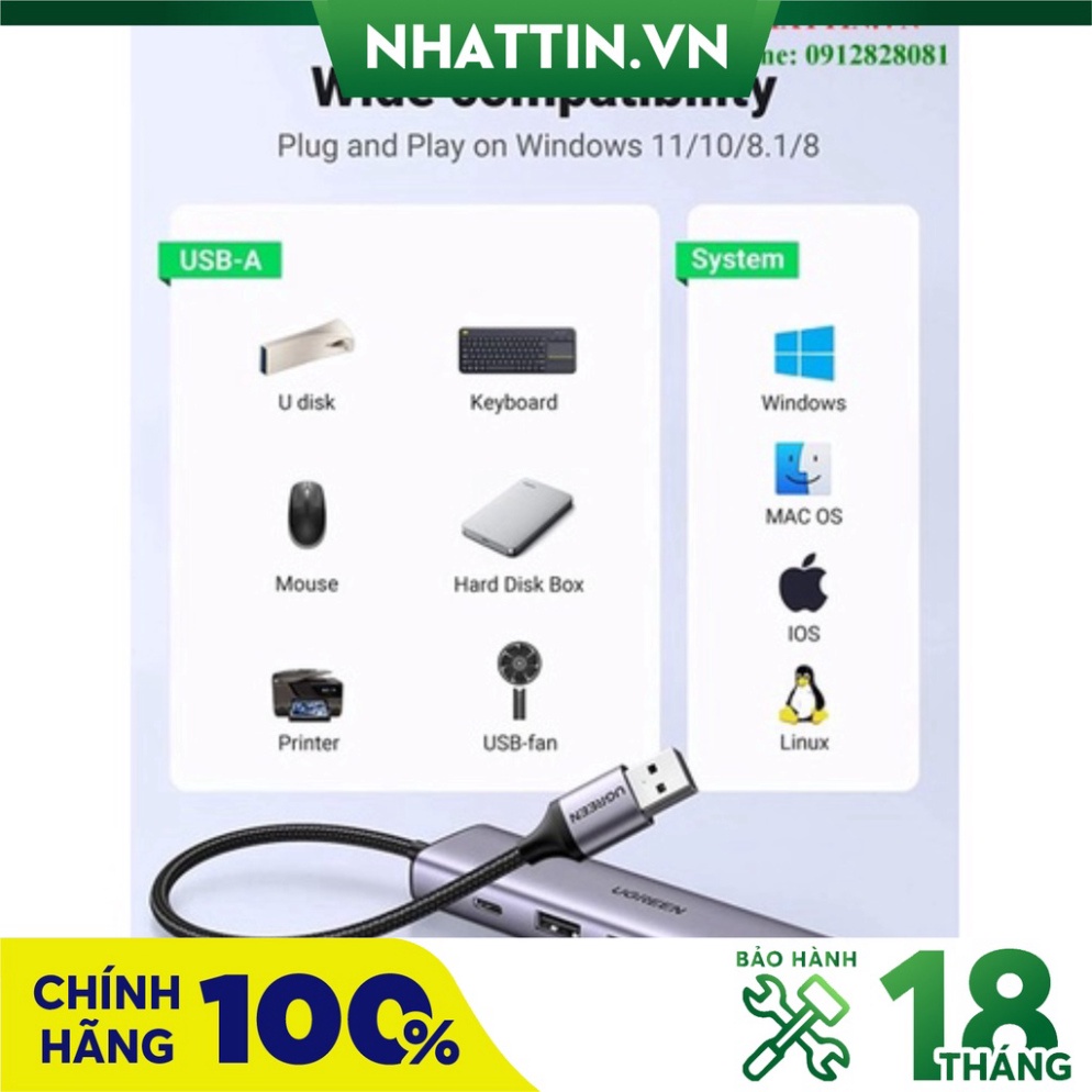Hub chuyển đổi 5 in 1 USB Type-A ra Lan 1000Mbps Kèm HUB 3 Cổng USB 3.0 Ugreen 60554