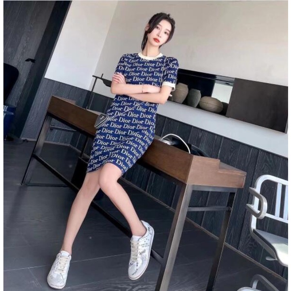 Đầm dệt kim tay ngắn in họa tiết Dior hợp thời trang cho nữ