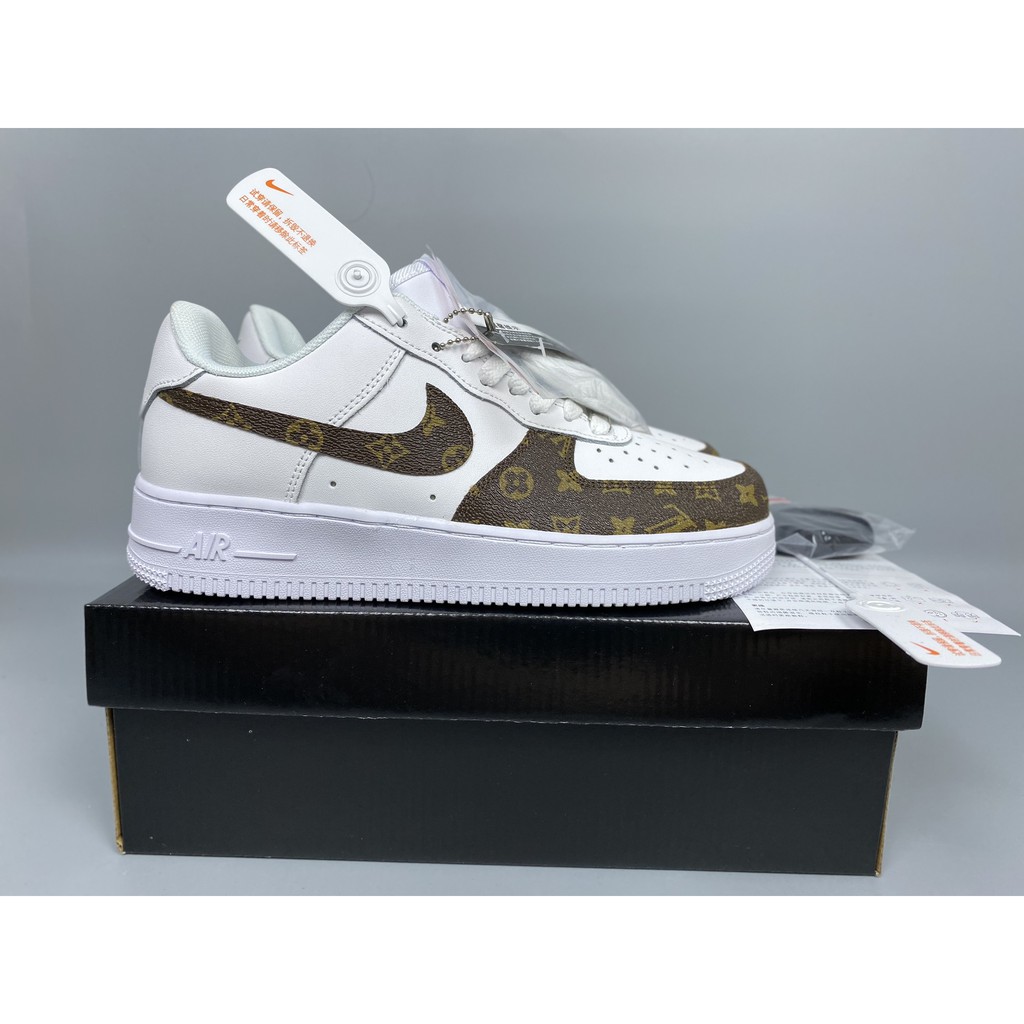 Giày Sneaker Nam Nữ Af1 Thêu Chữ Lv Nâu Trắng Fullbox, Giày Thể Thao Nam Nữ Mới 2021