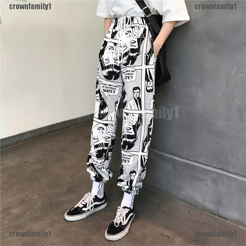 {crownfamily1} Mens Womens Comic Printed Casual Loose Hip Hop Harajuku Sport Pants Streetwear