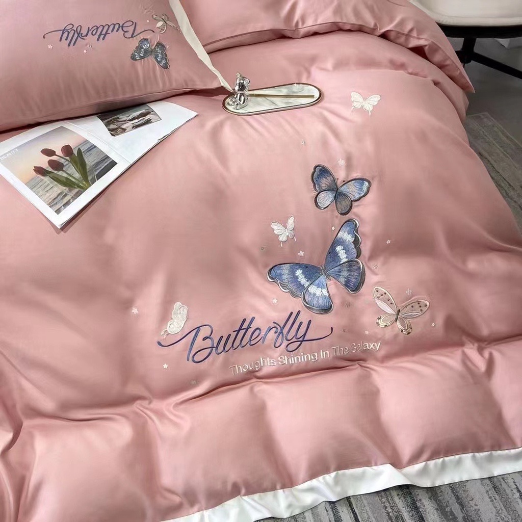 Bộ vỏ chăn ga gối Cotton linen thế hệ mới🦋 BUTTERFLY🦋   cotton mềm mịn mát - bướm hồng