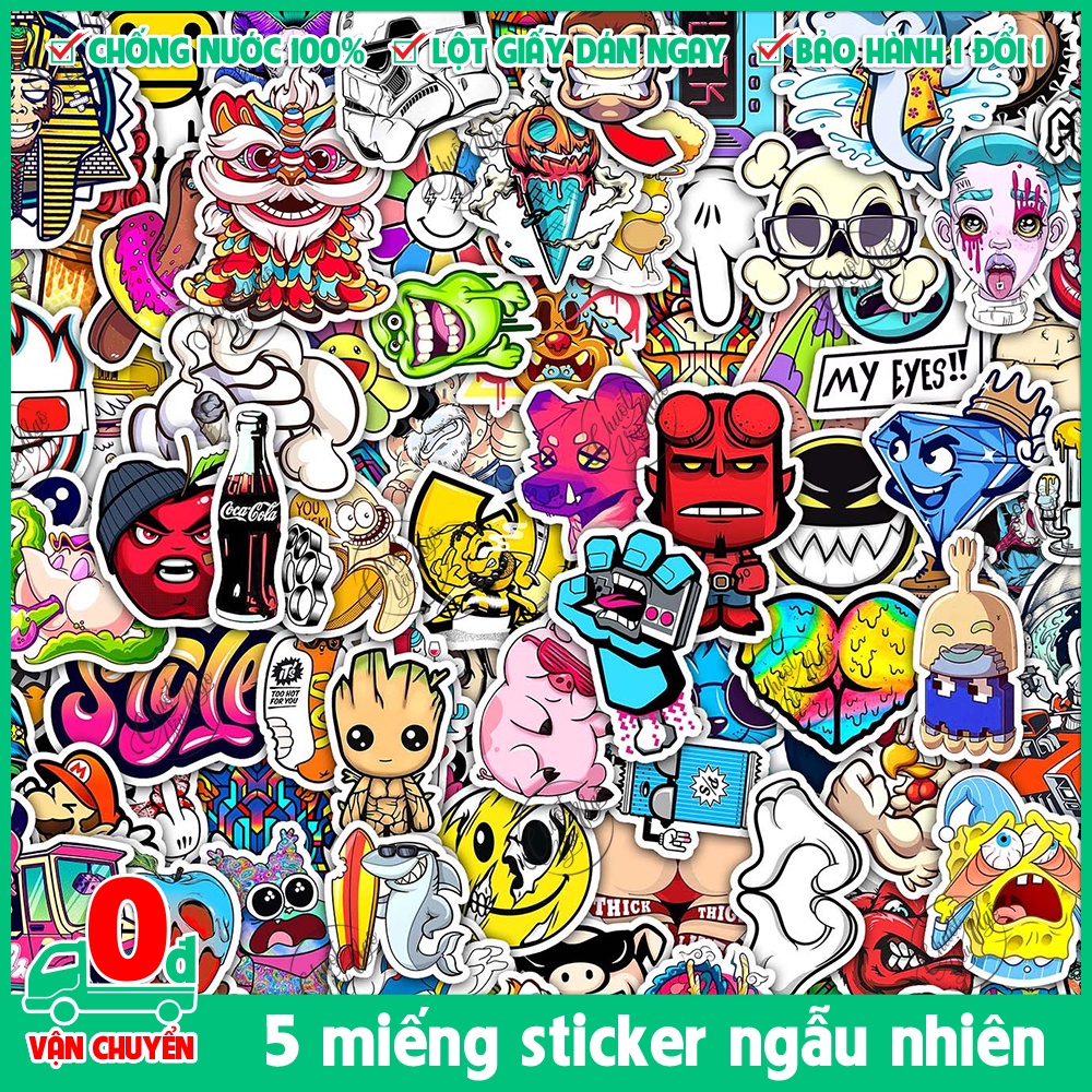Combo 5 con sticker decal chống nước ngẫu nhiên không trùng trang trí dán nón bảo hiểm xe máy điện thoại laptop