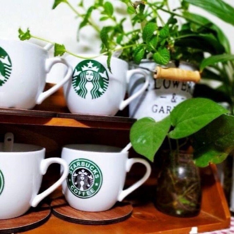 Cốc Sứ Uống Cà Phê, Sữa, Sữa Kèm Muỗng Họa Tiết Starbucks Sáng Tạo Đơn Giản