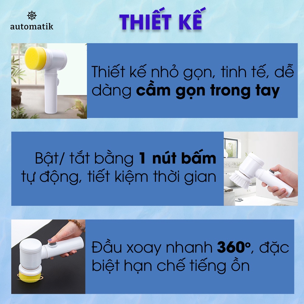 Máy Cọ Rửa Cầm Tay Đa Năng Sạc Điện 3 Đầu Thay Thế, Chổi Cọ Nhà Vệ Sinh, Nhà Tắm, Nhà Bếp - Automatik