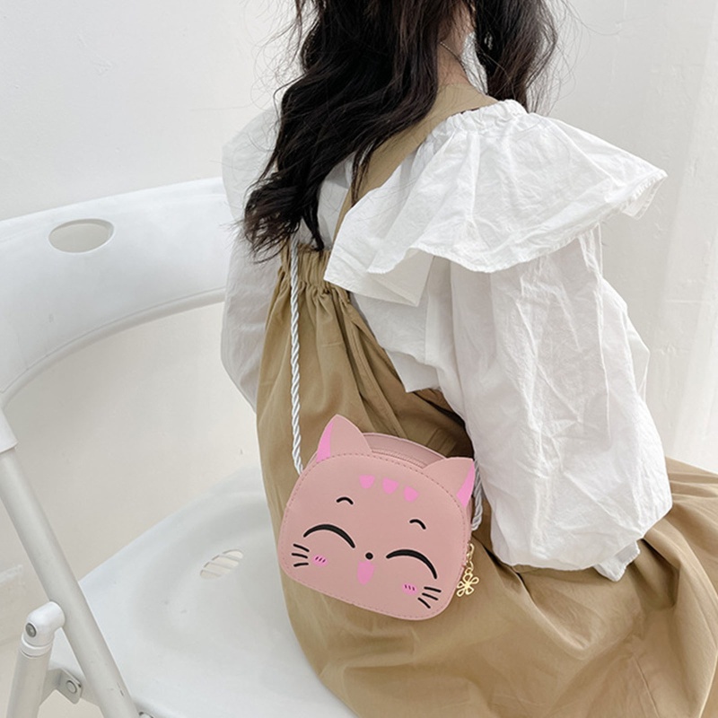 Túi Da PU Đeo Chéo In Hình Mèo Hoạt Hình Có Khóa Kéo Cho Bé
