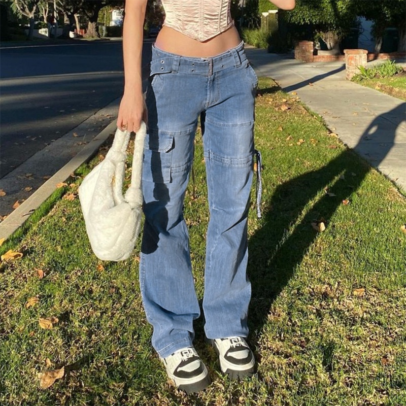 Quần Jean Baggy Lưng Cao Ống Đứng Phối Dây Ruy Băng Màu Xanh Gradient Phong Cách Harajuku Cho Nữ