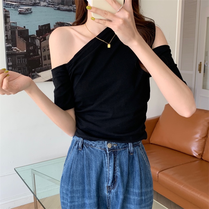 Áo nữ SUXI tay ngắn ôm dáng màu trơn lộ vai gợi cảm thời trang mùa hè