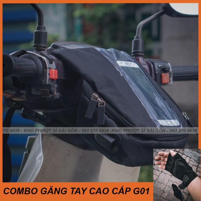 Kho Sỉ SG - COMBO túi Grap treo đầu xe máy kèm găng tay xe máy SWAT G01 - Túi dọc treo đầu xe máy cảm ứng chạy shipper -