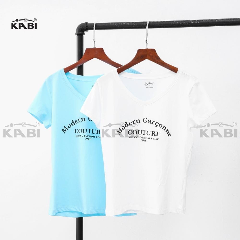 Áo thun tay ngắn nữ KABI áo cotton cổ tim cổ v in chữ basic form dáng ôm - WAN005