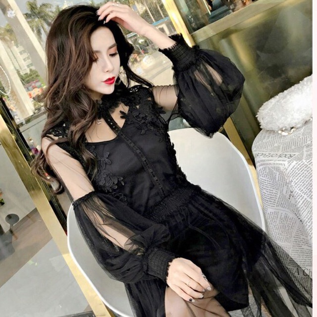 Váy thiết kế voan cao cấp tay bồng sang chảnh