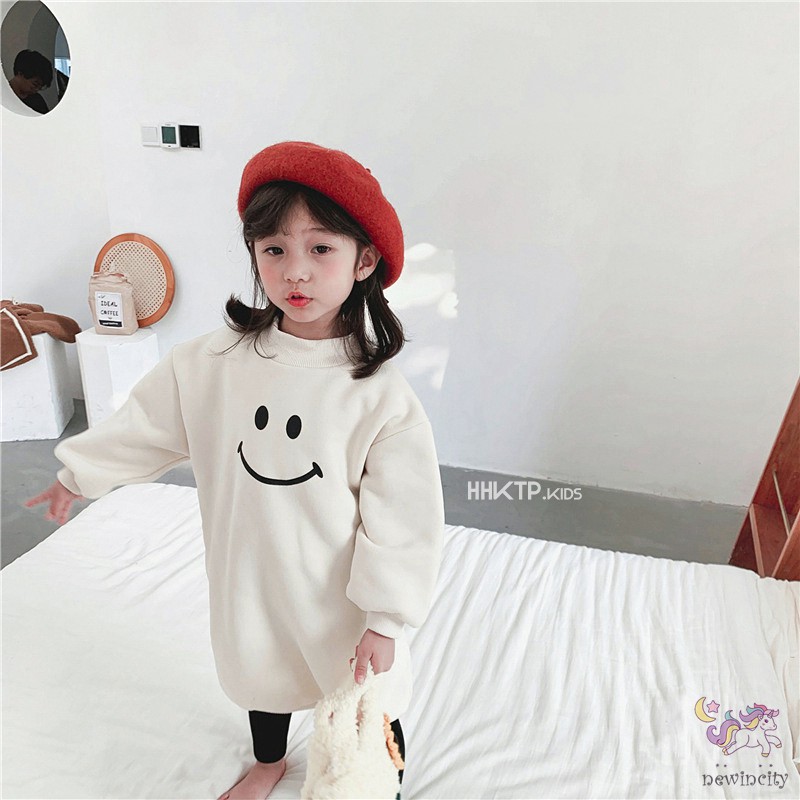 Đầm Thun Dài Tay In Họa Tiết Mặt Cười Cho Bé