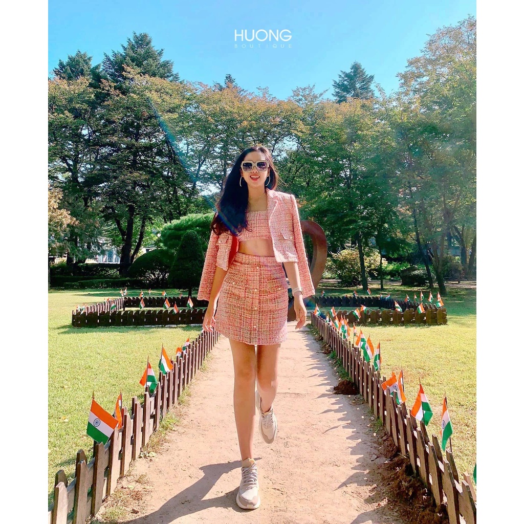 Set áo vest tweet hồng, áo bra và chân váy chữ A HUONG BOUTIQUE HBVEST83