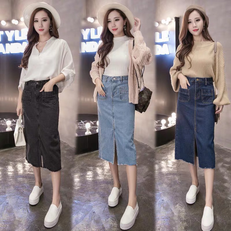 [ORDER] (HÌNH THẬT) Chân váy jeans midi dáng dài váy jean có túi