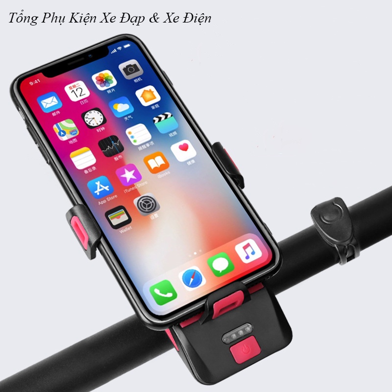 Đèn Xe Đạp Siêu Sáng Sạc Usb 4 Tính Năng Đèn, Còi, Giá Đỡ Điện Thoại, Sạc Dự Phòng Chống Nước Tuyệt Đối