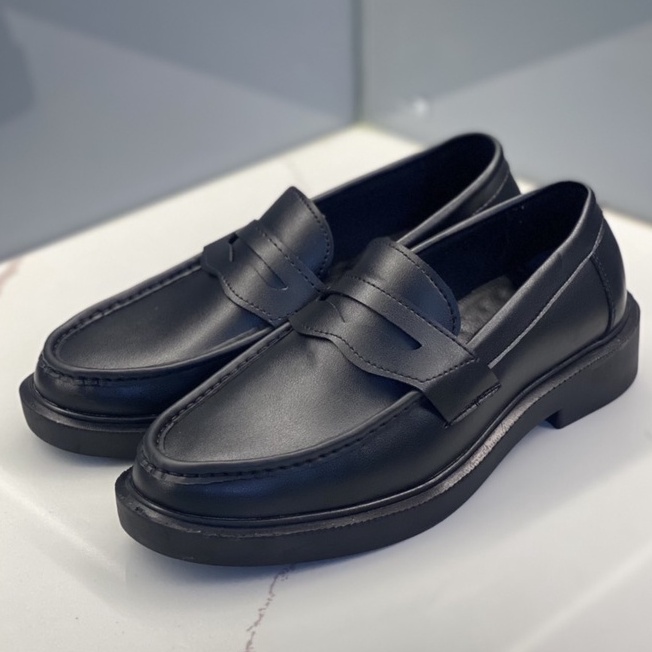 Penny Loafer Đen da bò đế cao, giày loafer đế 4cm