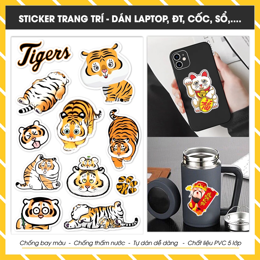 Sticker Con Hổ Vàng Cute | Nhãn Dán Hình Con Hổ Cắt Sẵn Số Lượng từ 10 - 100 Hình Dán Mũ Bảo Hiểm Chống Nước