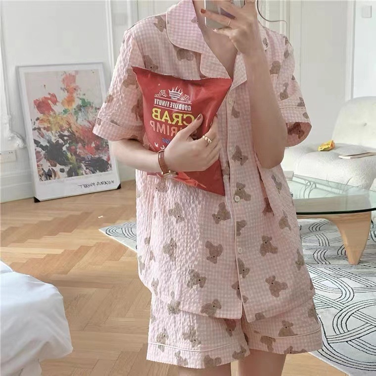 Bộ Đồ Ngủ Áo Tay Ngắn Và Quần short Dáng Rộng Màu Trơn Thời Trang Mùa Hè Cho Nữ Sinh