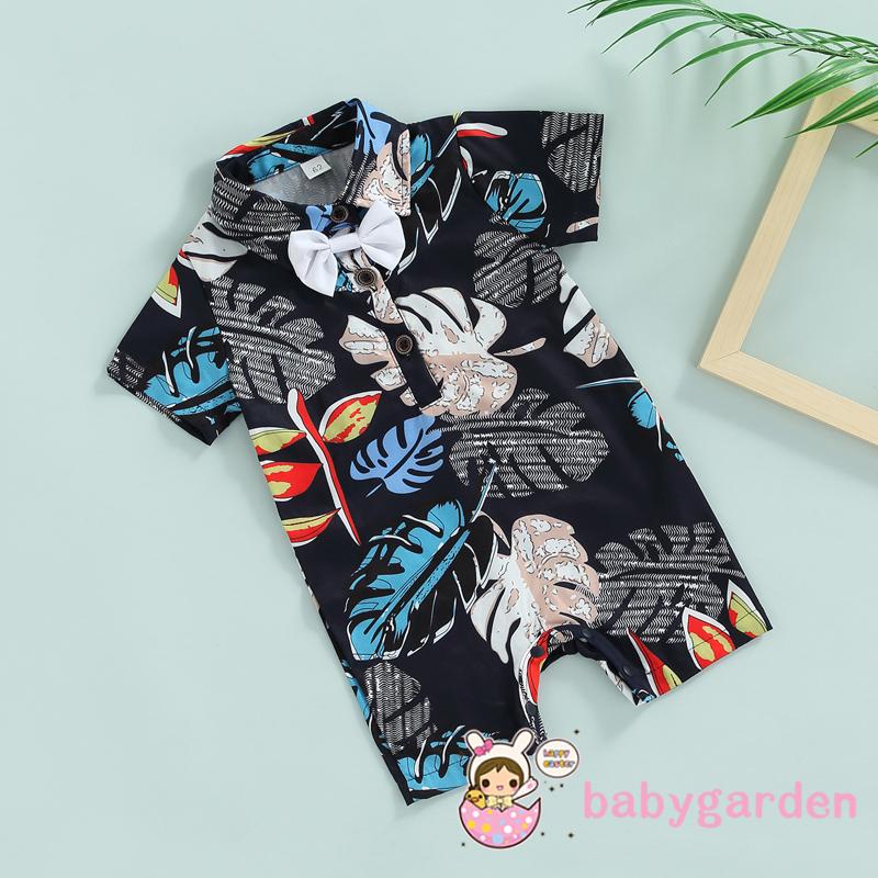 Bộ Áo Liền Quần Tay Ngắn Cổ Bẻ In Họa Tiết Lá Đính Nơ Thời Trang Mùa Hè Cho Bé Trai 0-18 Tháng Tuổi