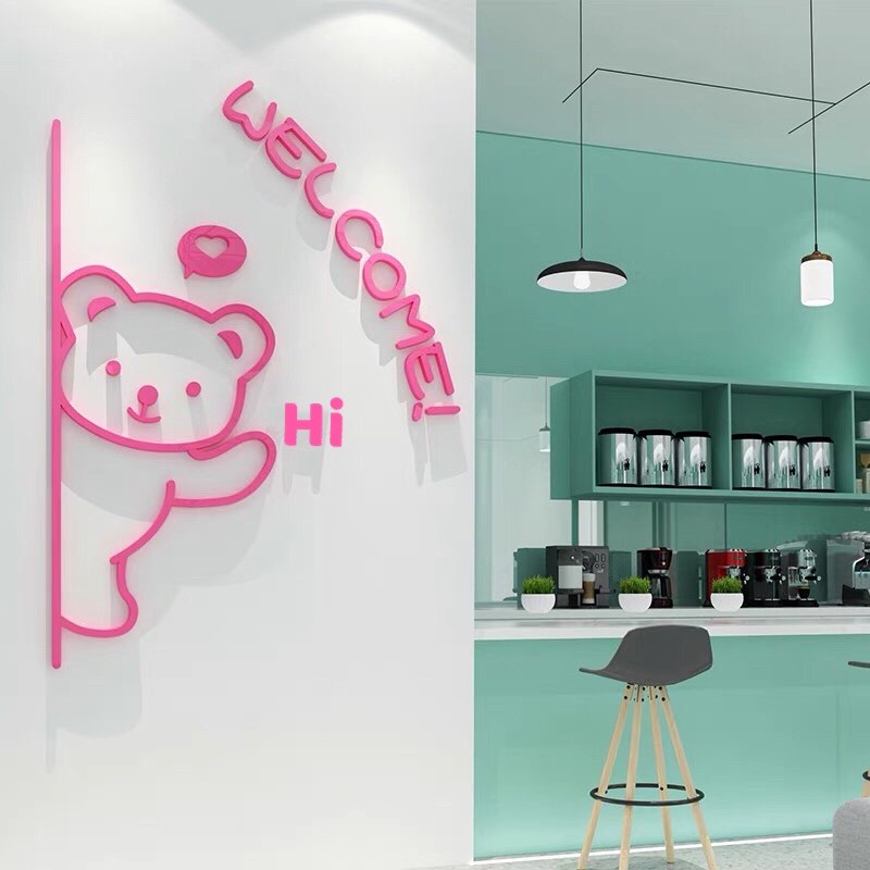 Tranh mica dán tường gấu welcome đen chất liệu mica dán nổi trang trí quán cafe, trà sữa