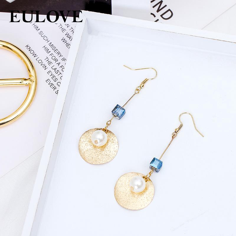 Long Earring Dangle Gold Disc Blue Rhinestone Long Disc Earring For Women Charm