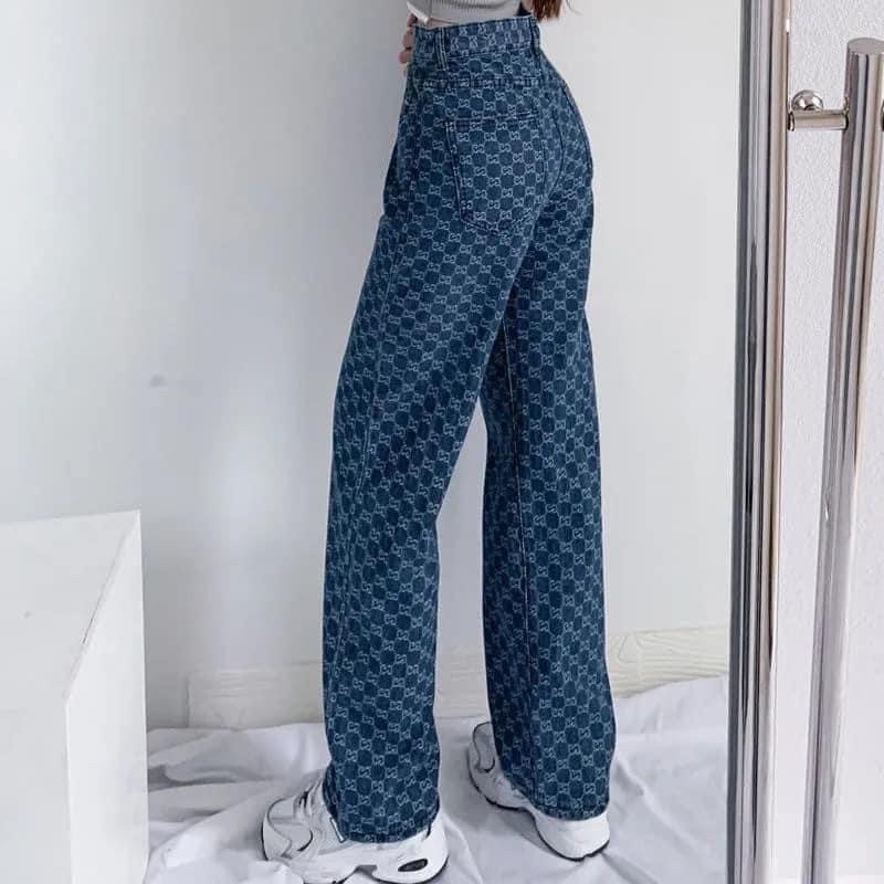 Quần jean nữ màu xanh ống suông phom rộng hoạ tiết G.C hot trend phong cách Ulzzang Hàn cực chất năng động cá tính