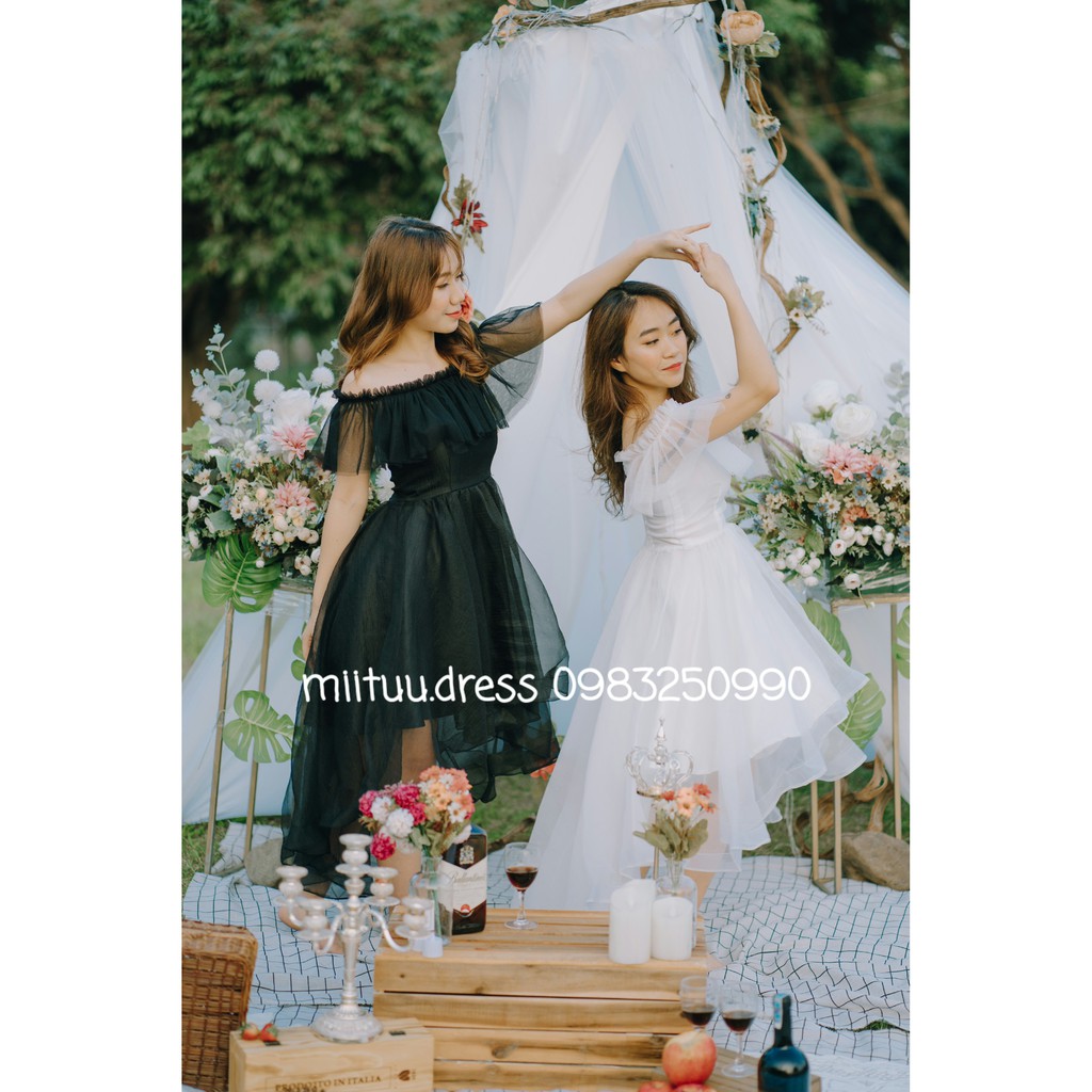 Váy trắng trễ vai dự tiệc sinh nhật dạ hội kỉ yếu xòe bèo công chúa xinh dễ thương Miituu CV1