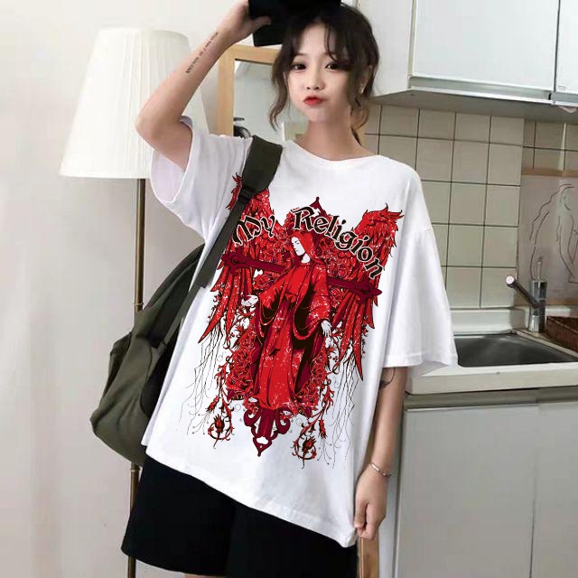 Áo thun tay lỡ My Religion cánh đỏ BIGOMALL - Áo phông nam nữ unisex form rộng 65kg