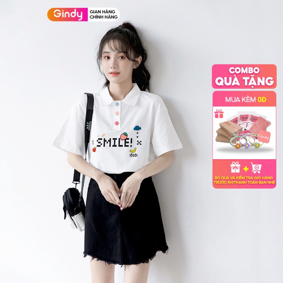 (Sẵn) Áo thun phông nữ polo GINDY Smile cổ bẻ cotton tay lỡ basic phong cách unisex vải cotton thoáng mát A8108 (ảnh thậ