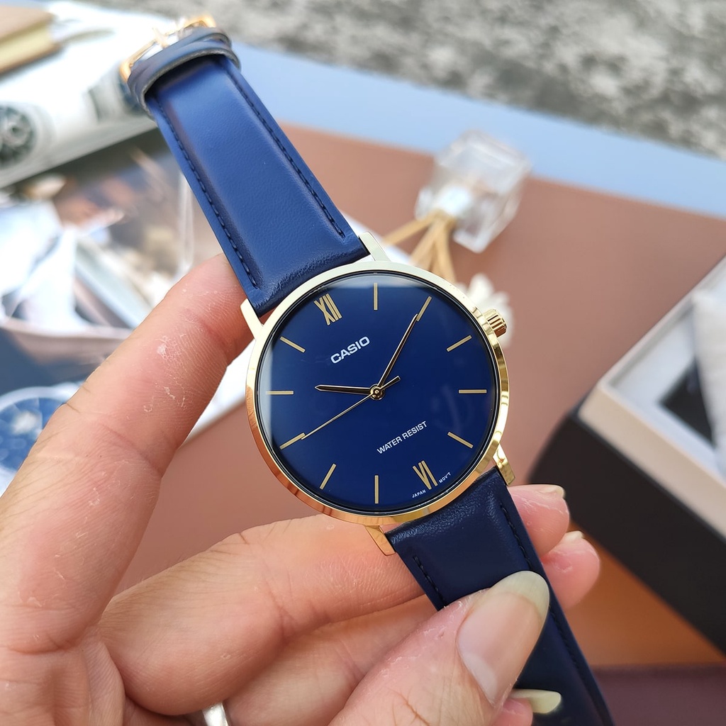Đồng Hồ Casio Nam MTP-VT01GL-2BUDF Dây Da - Nền Mặt Màu Xanh - Viền Mặt Mạ Vàng