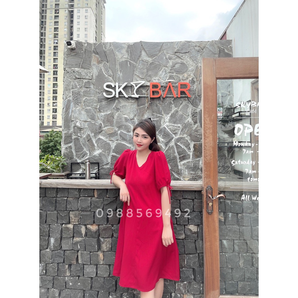 Váy bầu bigsize thiết kế GuMe Váy dáng suông cổ tim tay bo phối nơ chất vải chéo hàn cao cấp mềm mịn mặc đi làm đi chơi