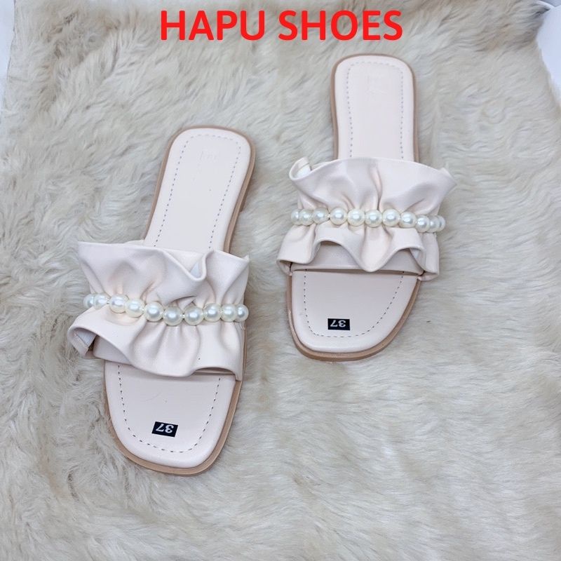 Dép lê nữ quai ngang, dép thời trang nhún nơ bèo đính ngọc HAPU Shoes