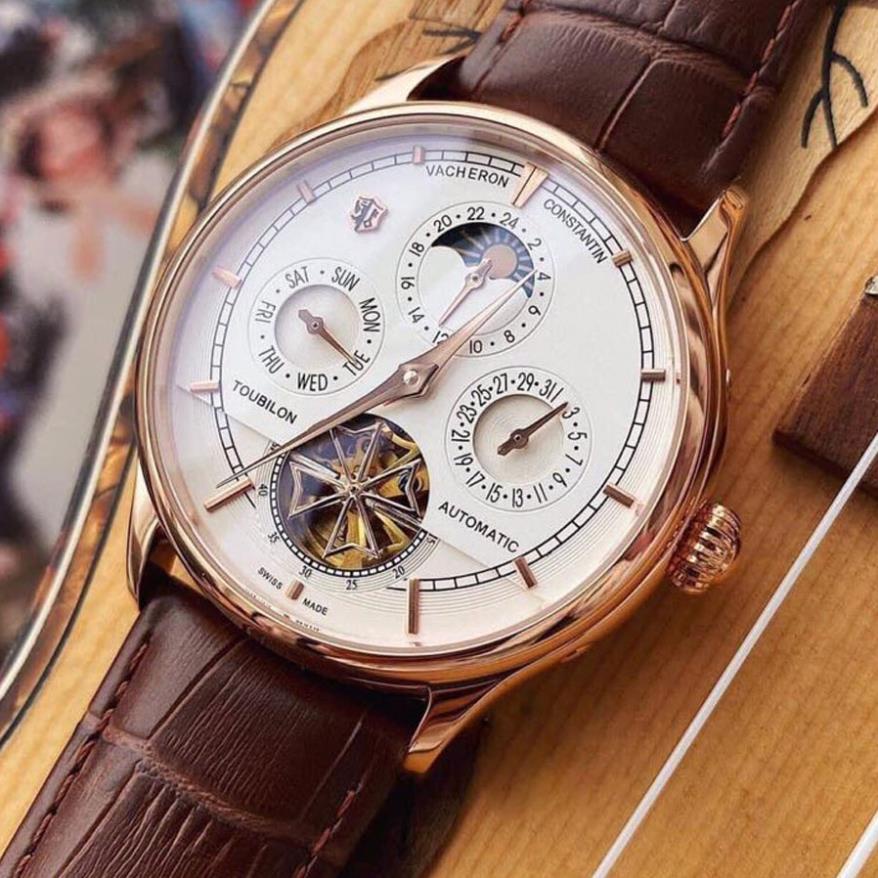 Đồng hồ Nam Vacheron máy nhật, mẫu 5kim lộ cơ cánh khế, mặt trắng viền vàng , dòng cơ Automatic size 40mm-41mm