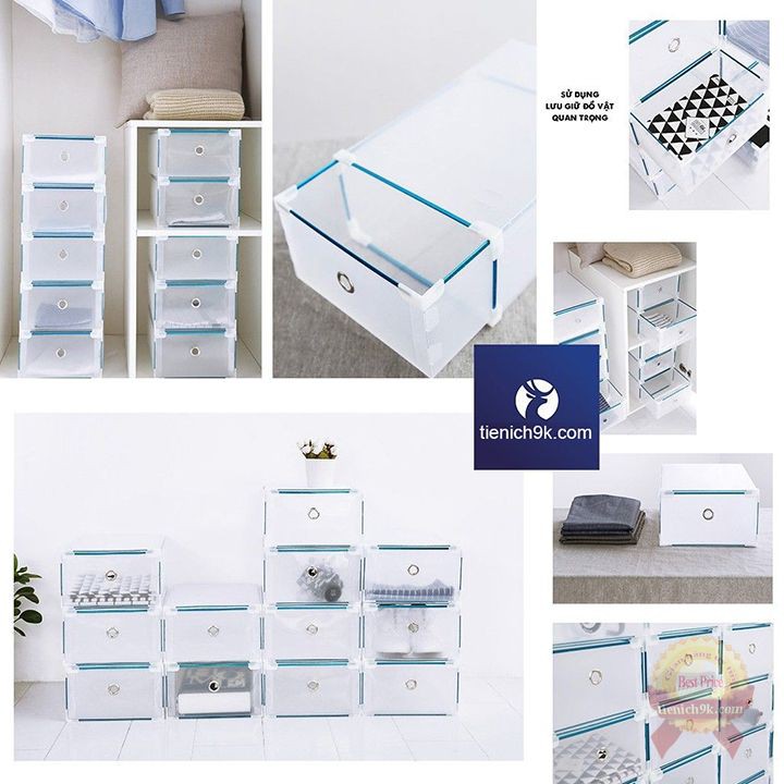 Set 5 Hộp để giày nhựa khung kim loại Ngăn Kéo Size To cứng cáp trong suốt