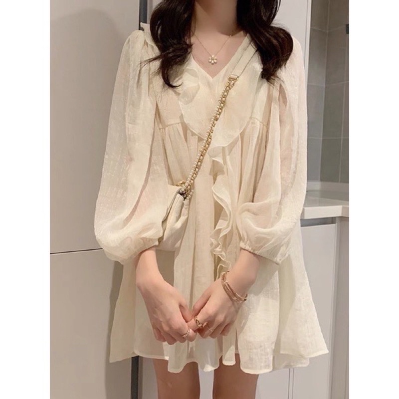 Áo babydoll bèo ngực chất voan tơ tay bồng điệu, Áo kiểu tiểu thư màu xanh dương bèo nhún form rộng | BigBuy360 - bigbuy360.vn