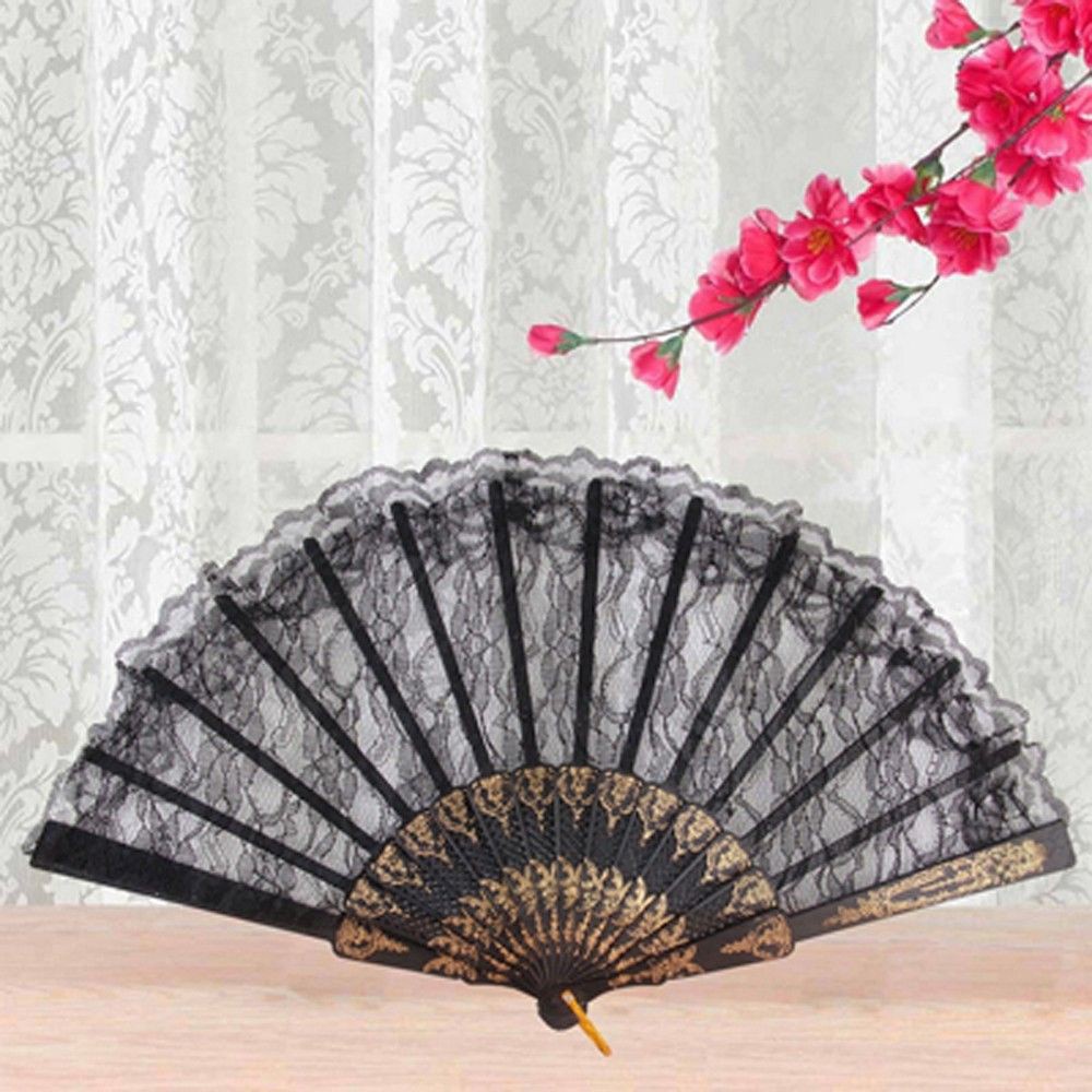 LEOTA 1pcs Folding Lace Hand Fan New Fancy Dress Chinese Vintage Bar Dancing Wedding Black Hot Sale Costume Party/Multicolor