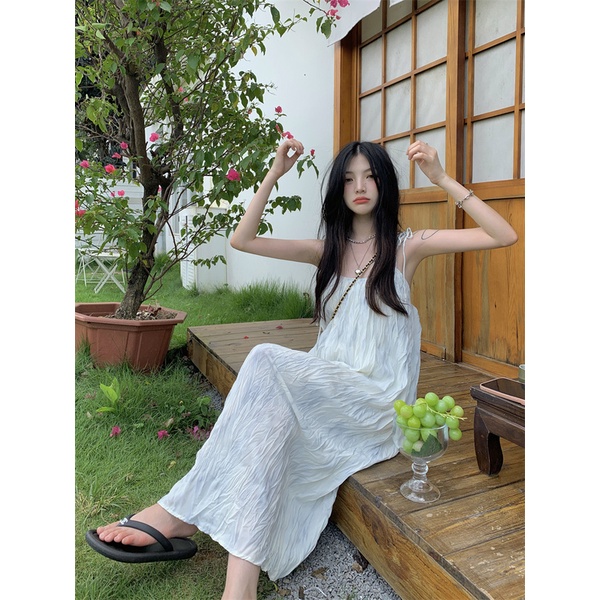 Đầm đi biển 2 dây không tay phong cách Pháp thời trang mùa hè dành cho nữ