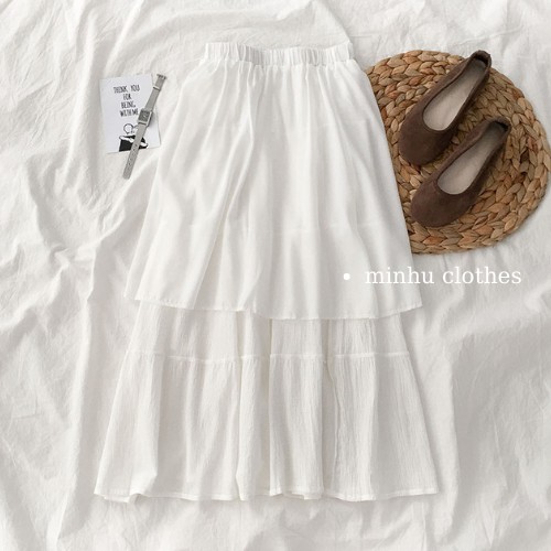 Chân váy dài hàn quốc chân váy xòe màu trắng vintage 2 lớp thanh lịch