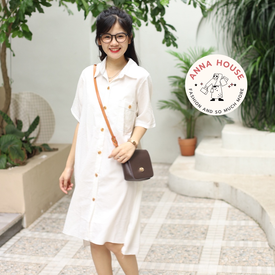 Váy sơ mi viền chỉ cổ đức cộc tay dáng suông dài ULZZANG đuôi tôm , Đầm sơ mi suông dài dáng rộng oversize cúc giả gỗ