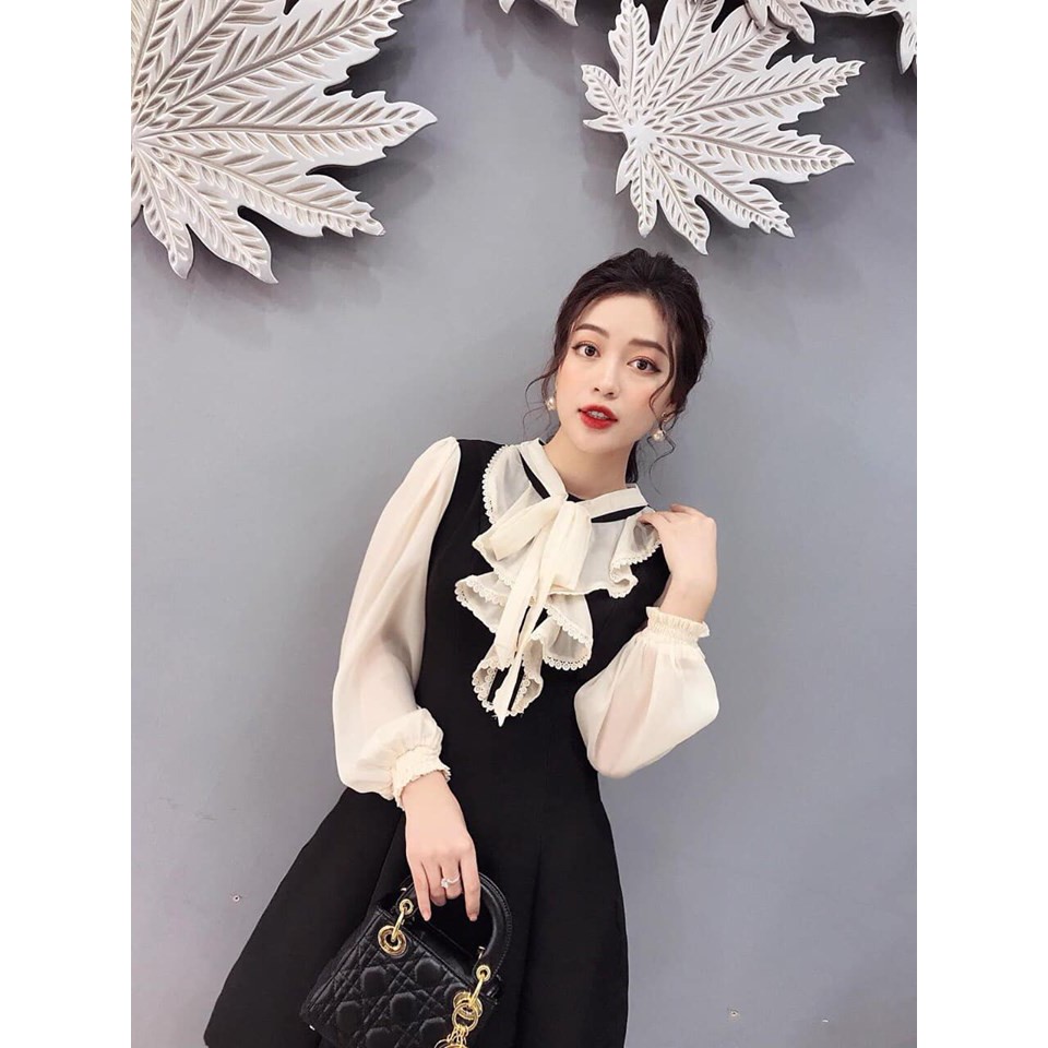 Đầm thiết kế đen xoè phối tay voan tơ, váy thu đông 2019, váy đầm xinh dự tiệc
