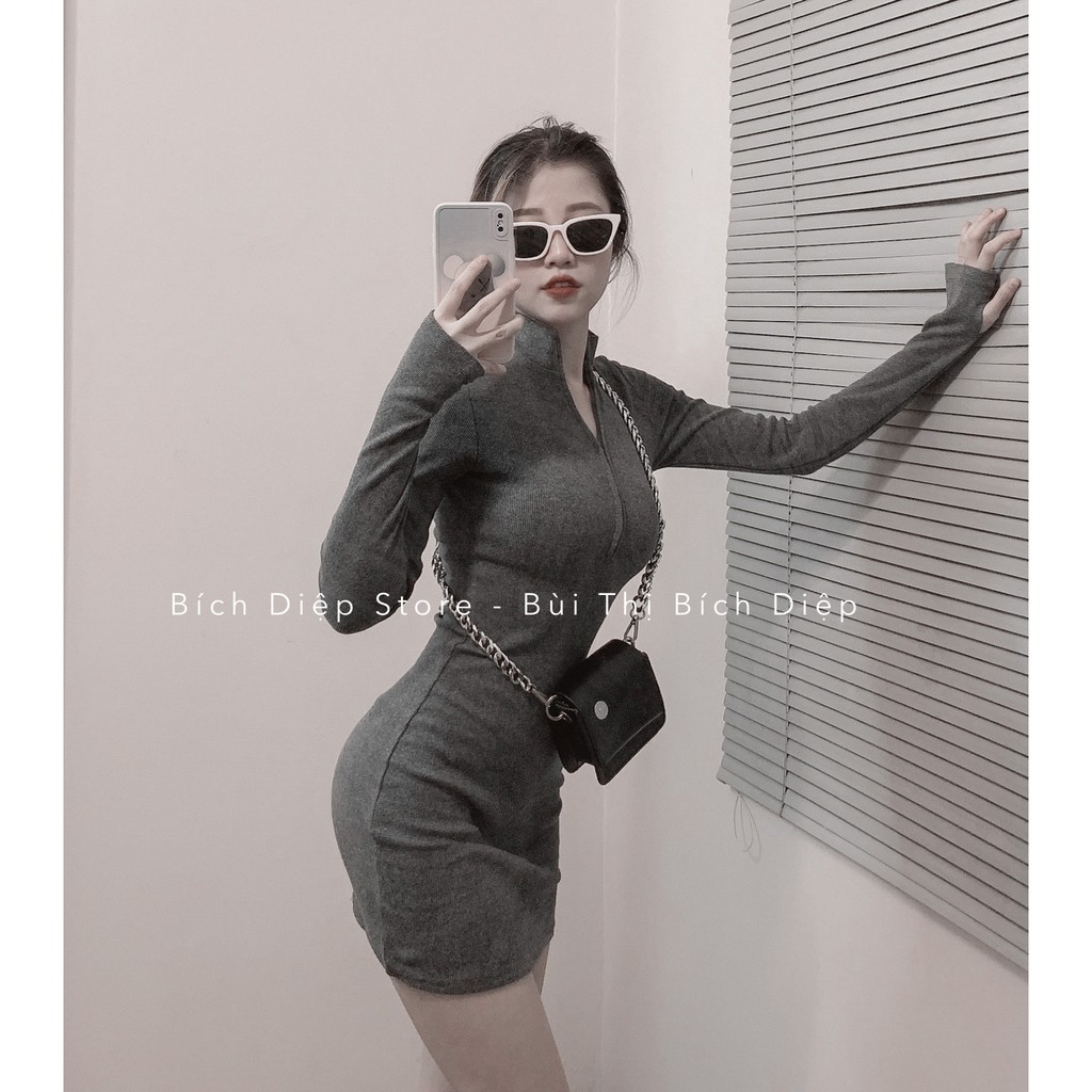 Váy Body Tay Dài Khóa Zip Cổ (Có Xỏ Ngón) Cotton Tăm - Mã V22