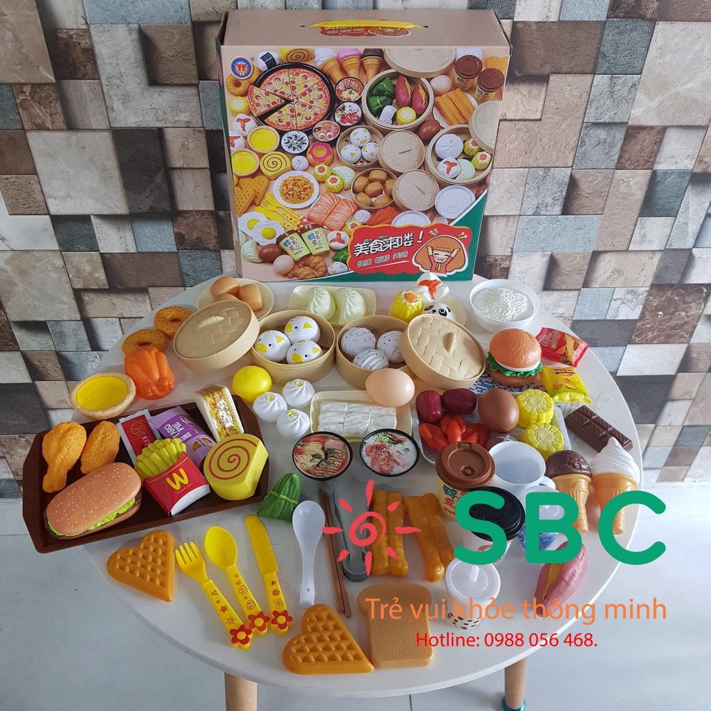 - Bộ đồ chơi nấu ăn 58 88 chi tiết món ăn châu Á Dimsum xửng hấp hoặc Châu Âu có Pizza có hộp