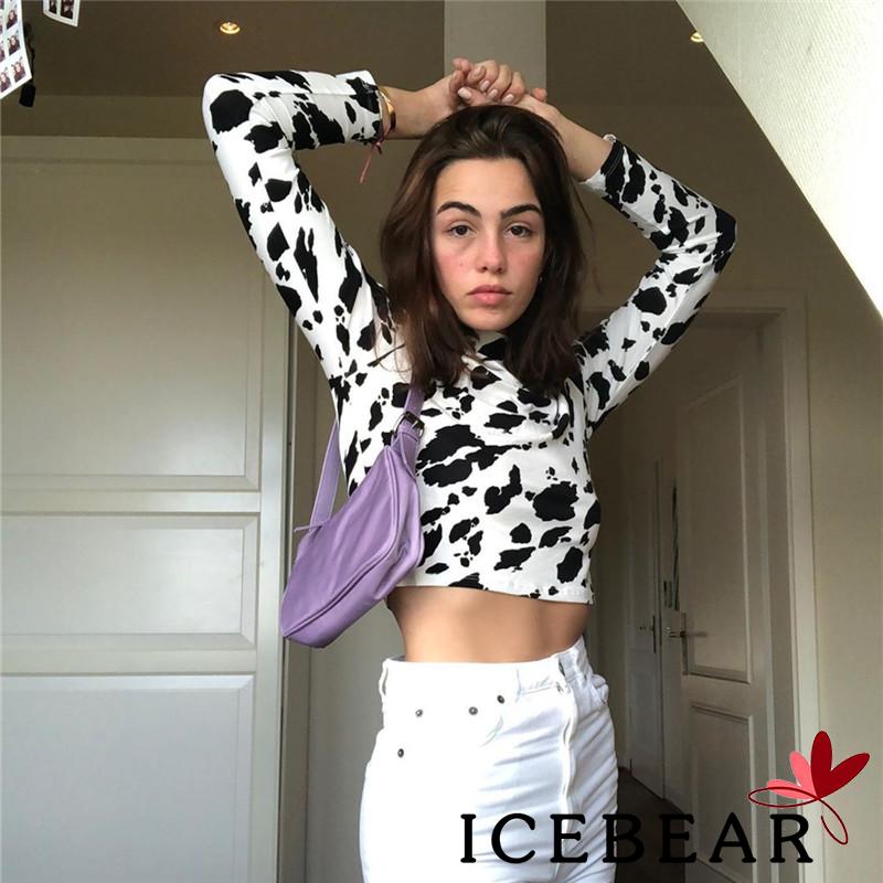 Áo Crop Top Dài Tay Cổ Cao Họa Tiết Da Bò Sữa Dễ Thương Cho Nữ