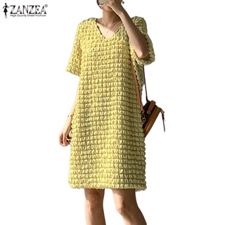 Đầm mini ZANZEA cổ chữ V tay ngắn họa tiết caro thời trang cho nữ