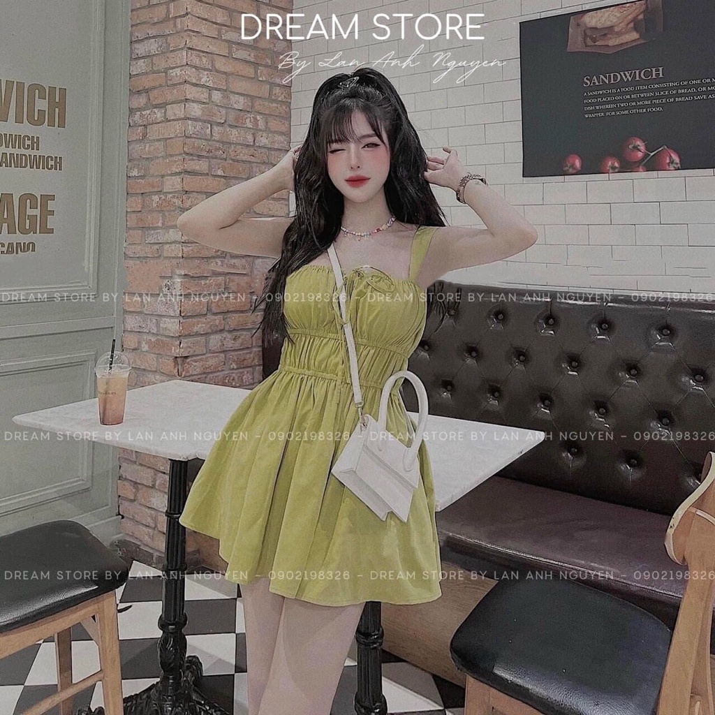 [8.8 Sales Freeship] Đầm 2 dây nhún ngực cột nơ, đầm tiểu thư dáng ngắn sexy nhún ôm eo, đầm midi xòe bánh bèo