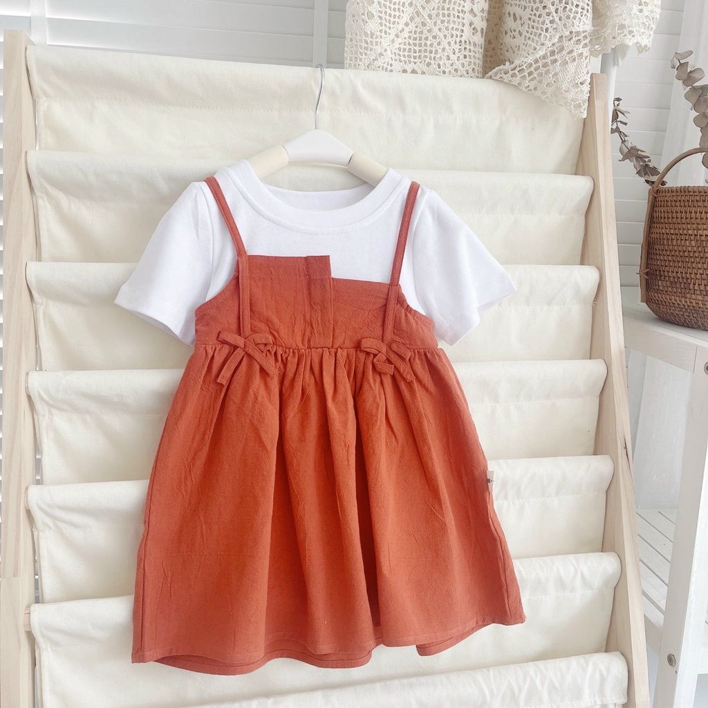 Váy hè cộc tay giả yếm nơ eo cho bé gái 8-21kg (1-5 tuổi